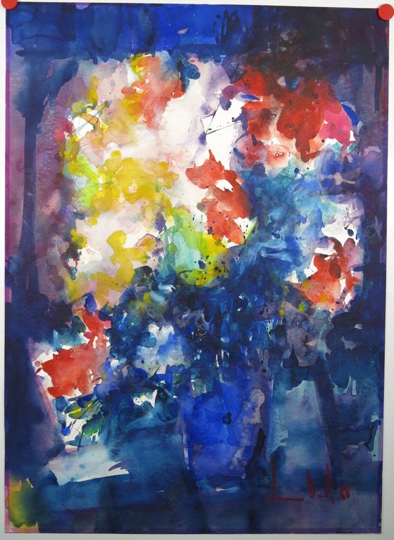 Walter van Oel: Grote Aquarel, Bloemen in een vaas kopen? Bied vanaf 200!