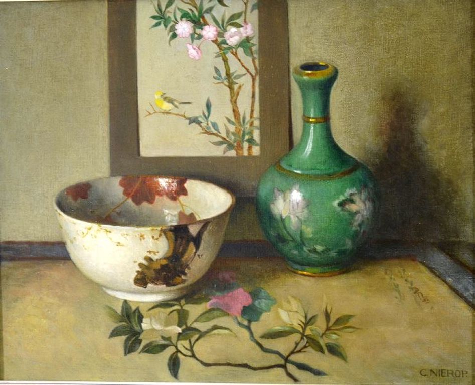 Cornelis Nierop: Olieverf op doek. Stilleven met keramiek verkocht voor € 120!