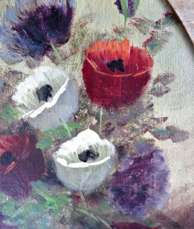 Antiek Stilleven van Anemonen-  olieverf - in ovaal houten lijst - ca. 1925 kopen? Bied vanaf 1!