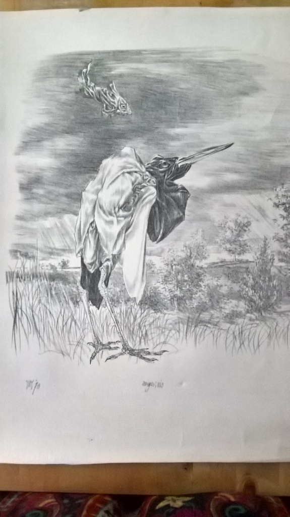 Peter Vos, litho, reiger vis verkocht voor € 130!