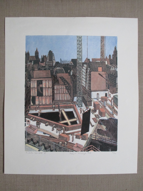 Wendelien Schönfeld, kleurenhoutsnede, Bouwput Nieuwezijdskolk 1993 kopen? Bied vanaf 100!