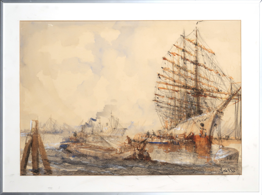 Onbekende kunstenaar: Krijttekening, Haven schip - Ingelijst kopen? Bied vanaf 1!