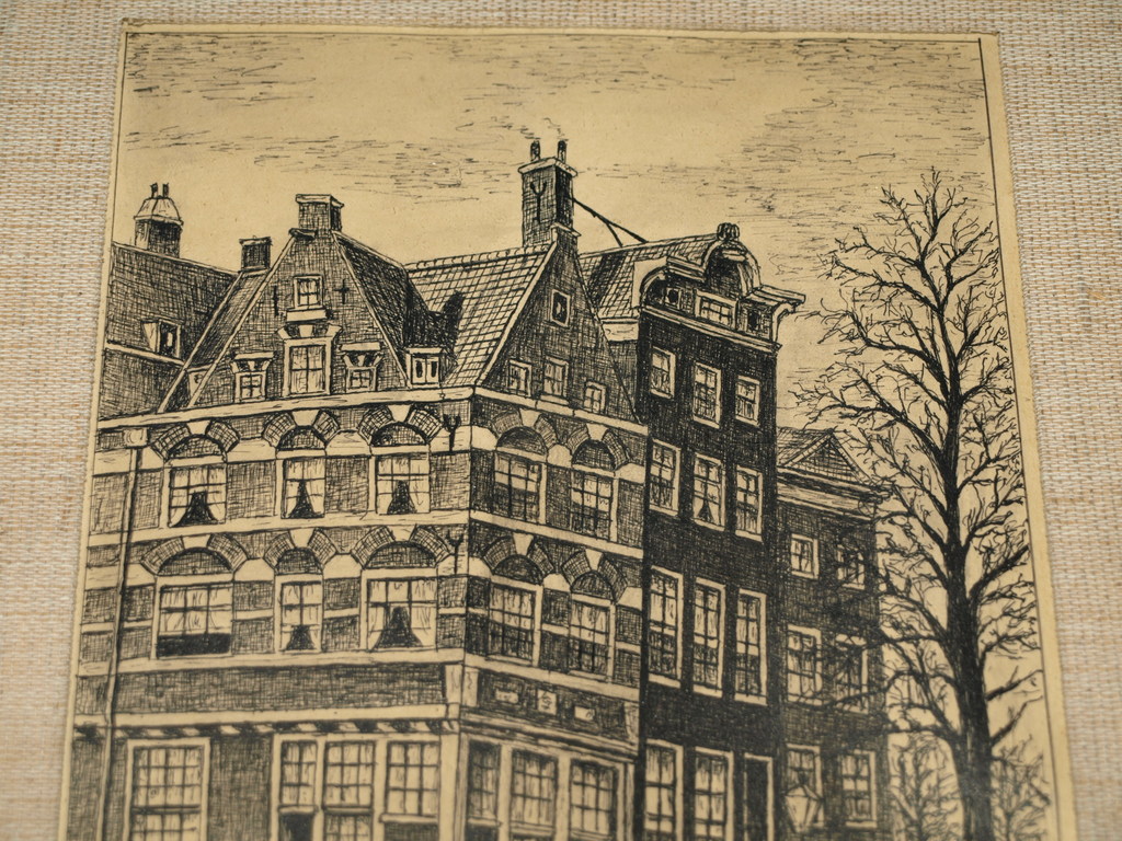 A.H. Scheeland – Pentekening, Prinsengracht Amsterdam–Gesigneerd & ingelijst-Oud kopen? Bied vanaf 30!