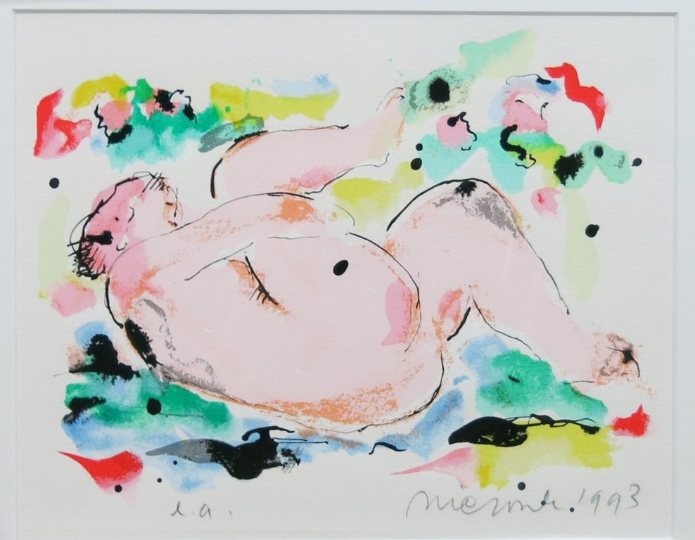 Nic Jonk: Zeefdruk, Roze figuur - Ingelijst verkocht voor € 85!