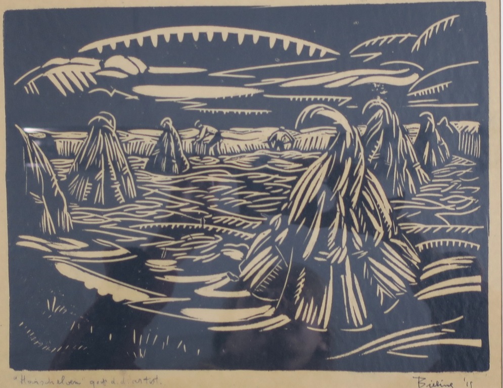 Herman Bieling: Houtsnede op papier velin, Hooischelven kopen? Bied vanaf 50!