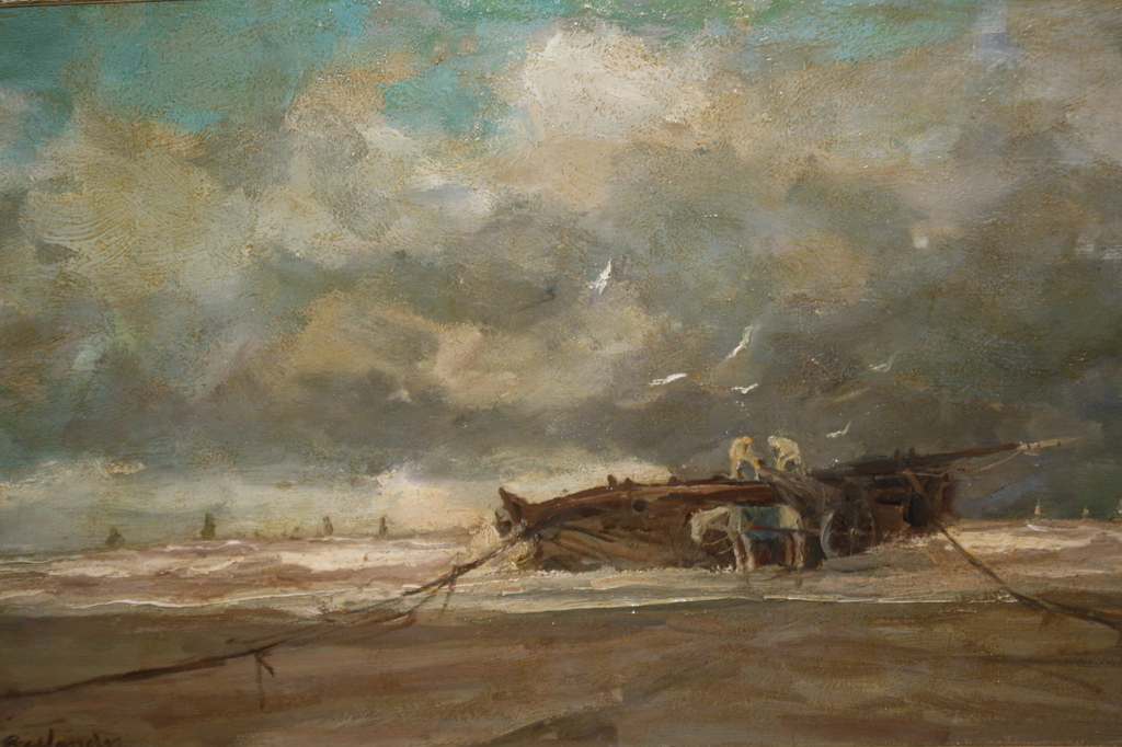 JC ROELANDSE - LEIDSE SCHOOL - BOMSCHUIT EN VISSERS OP HET STRAND - GROOTFORMAAT verkocht voor € 450!