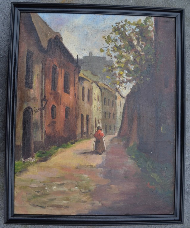 Onbekende kunstenaar - Olieverf op doek - Straatje met wandelende vrouw kopen? Bied vanaf 1!