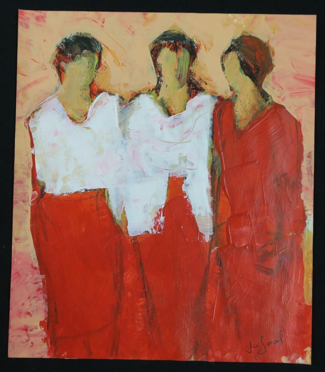 Jose van Gool: Acryl op papier, Drie dames kopen? Bied vanaf 20!