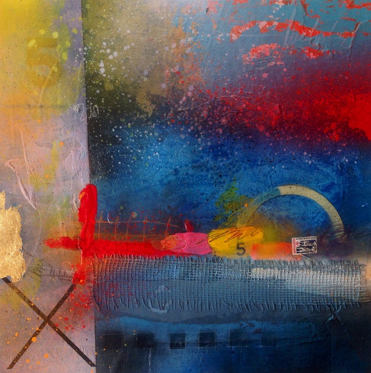 Theo koster , gemengde techniek titel : blauw landschap verkocht voor € 120!