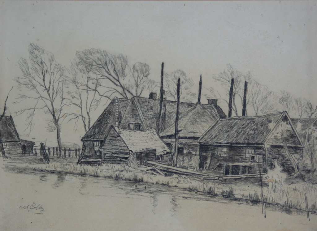 Willem v.d. Colk, potloodtekening, boerderij langs de waterkant kopen? Bied vanaf 1!