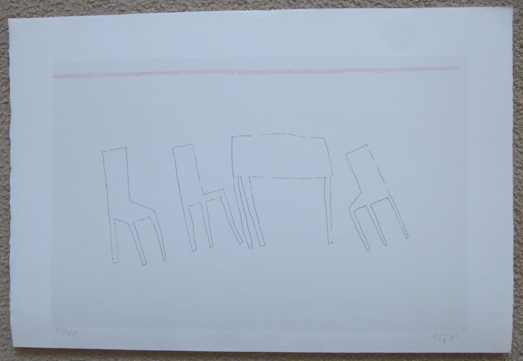 Klaas Gubbels, zeefdruk: tafel en stoelen, 1981, handgesigneerd kopen? Bied vanaf 125!