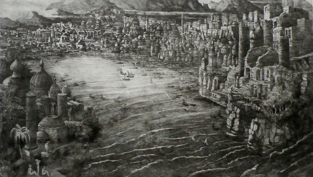 Willem Nijs - ets: stad aan rivier kopen? Bied vanaf 60!