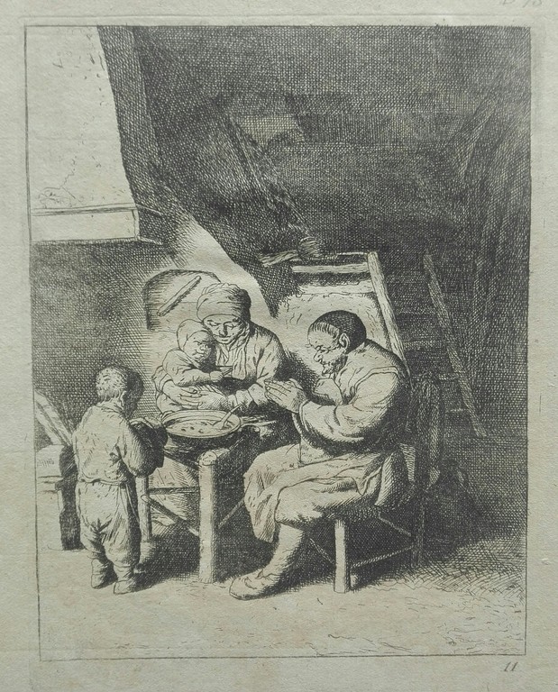 Anoniem naar van Ostade, ets datering 1653-1745, gebed voor de maaltijd kopen? Bied vanaf 100!
