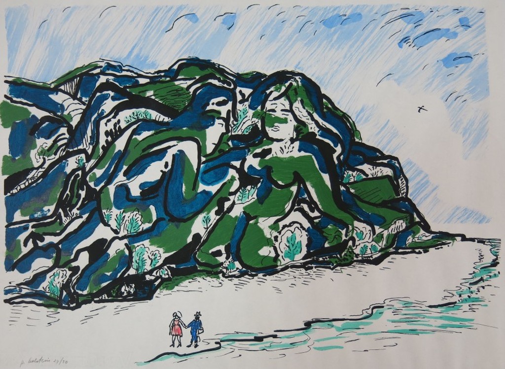 Pieter Holstein: Handgekleurde Litho, Figuren in de bergen verkocht voor € 46!