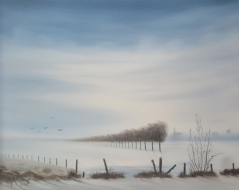 Onbekende kunstenaar, olieverf op doek - Nederlands winterlandschap verkocht voor € 42!