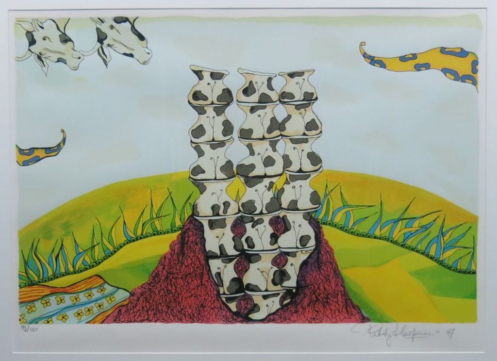 Patty Harpenau: Zeefdruk, Stapel op koeien - Ingelijst kopen? Bied vanaf 40!