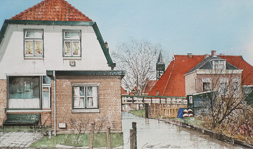 Ciano Siewert - Noordhollands dorpsgezicht, aquarel (mooi ingelijst) verkocht voor € 150!