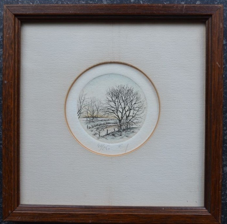 Miniatuur etsje - landschap in kleur. Genummerd en gesigneerd. kopen? Bied vanaf 1!