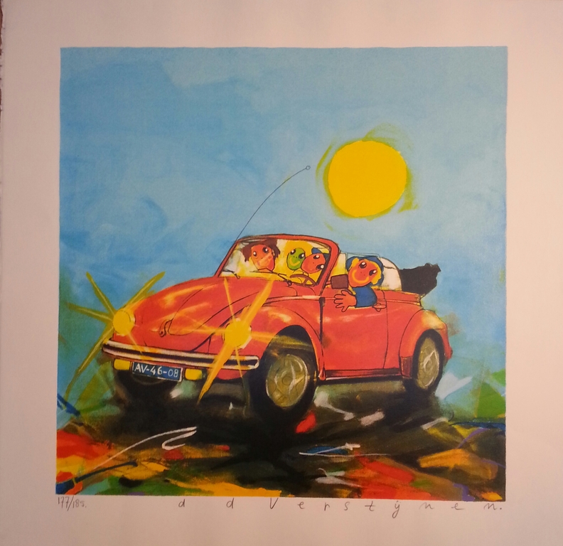 Ad Verstijnen, zeefdruk , Kever Cabrio verkocht voor € 70!