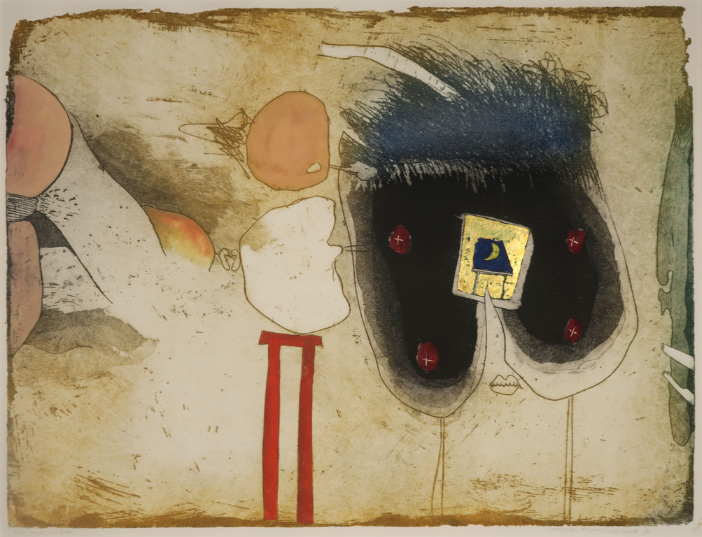 Michel van Overbeeke: Handbewerkte Ets + Bladgoud, Red table verkocht voor € 60!