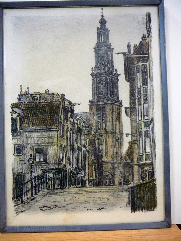 Twee ingekleurde krijttekeningen van Amsterdam oa Westerkerk  verkocht voor € 65!