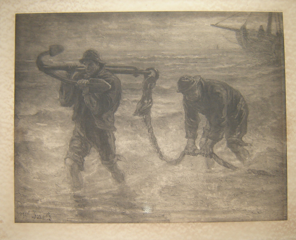 Gravure van twee zeelui die een anker dragen kopen? Bied vanaf 1!