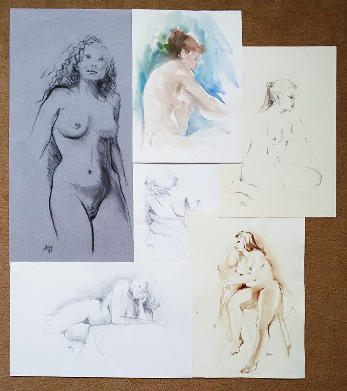 Zes naakten, 5x tekening en 1x aquarel kopen? Bied vanaf 1!