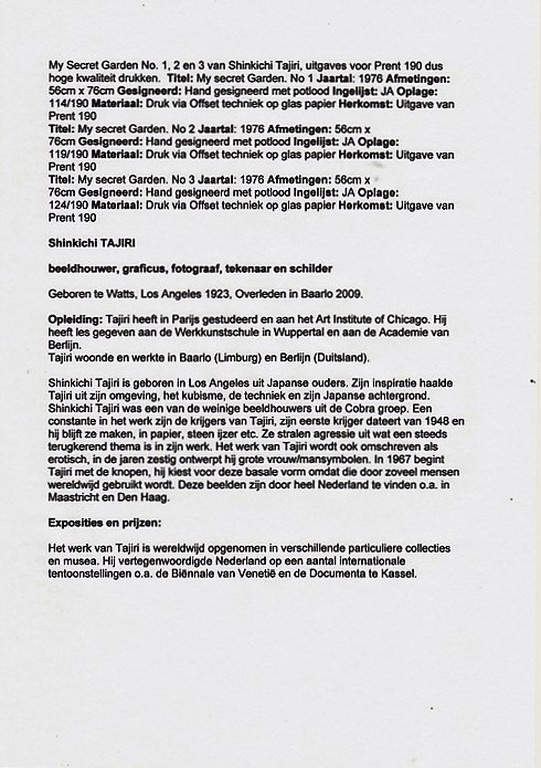 Shinkichi Tajiri: lithograph, My secret garden II en III kopen? Bied vanaf 350!