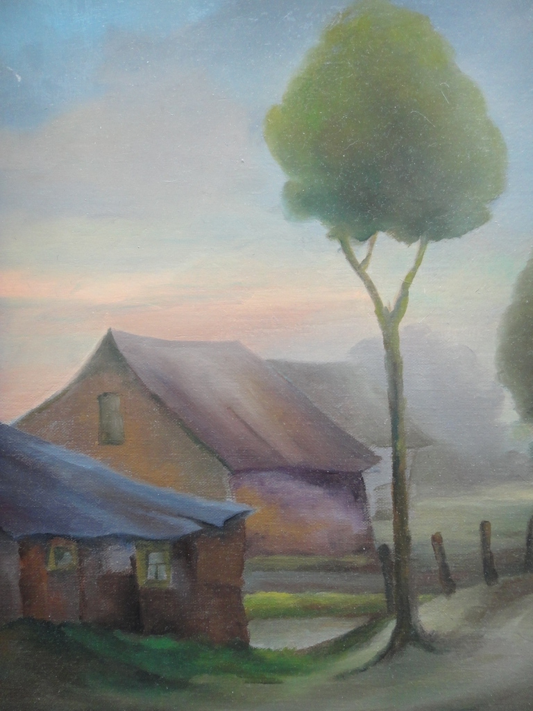 Ton Pape, olieverf op doek, boerderijen in landschap verkocht voor € 165!