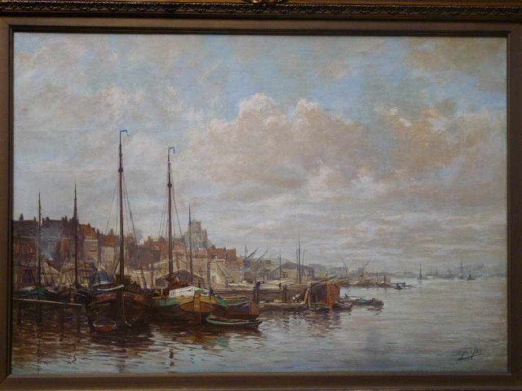 Jan Jans - olieverf - Stadskade aan rivier met afgemeerde schepen. verkocht voor € 375!
