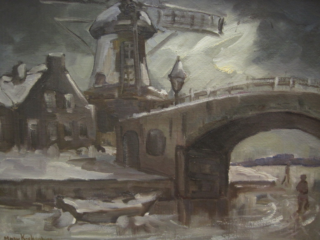 Mary Koekenbier (1942-) "winter in Alkmaar bij Molen van Piet" groot olieverf ! kopen? Bied vanaf 1!