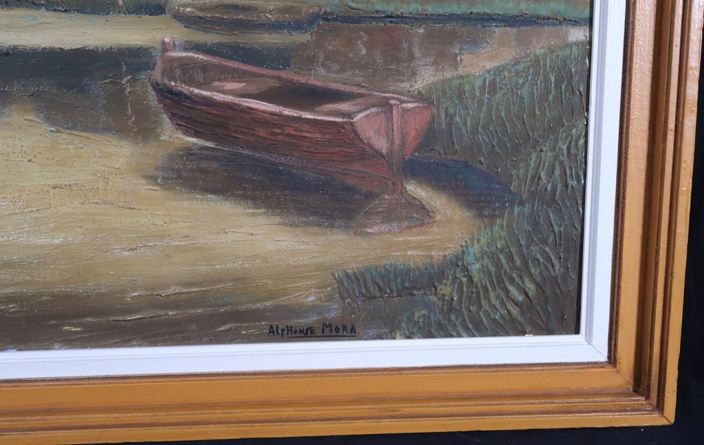 Alphonse Mora: Olieverf op paneel, Huisjes aan het water - Ingelijst (Groot) kopen? Bied vanaf 1!