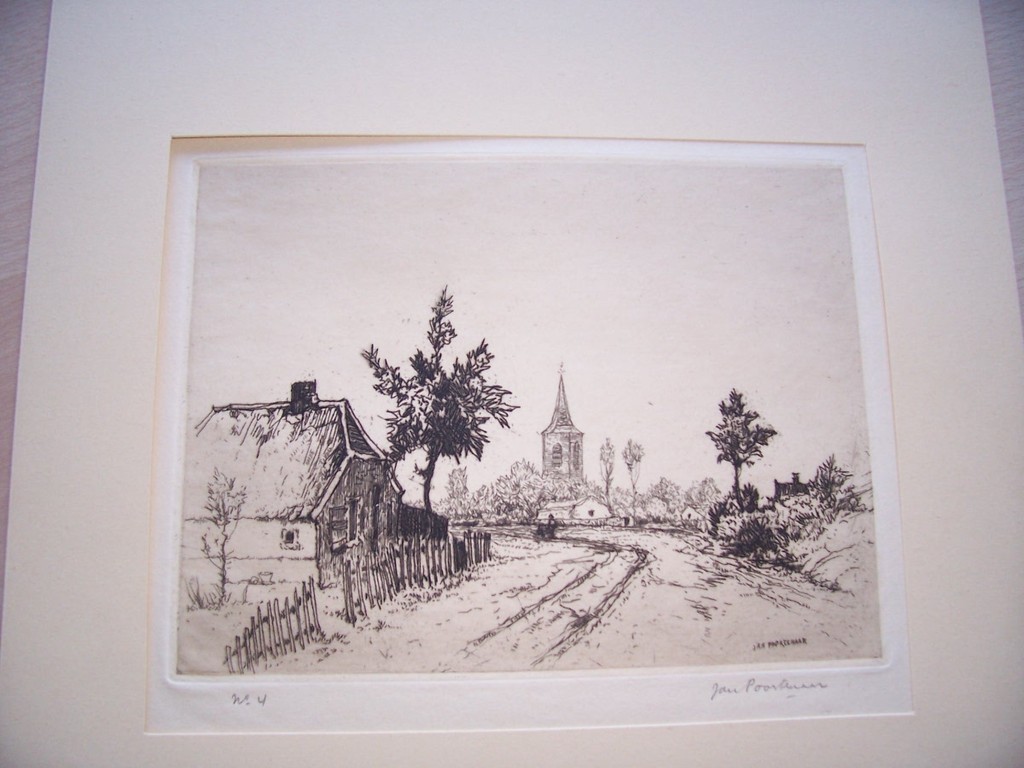 Jan Poortenaar, dorpswegje te Bennekom, ets verkocht voor € 45!