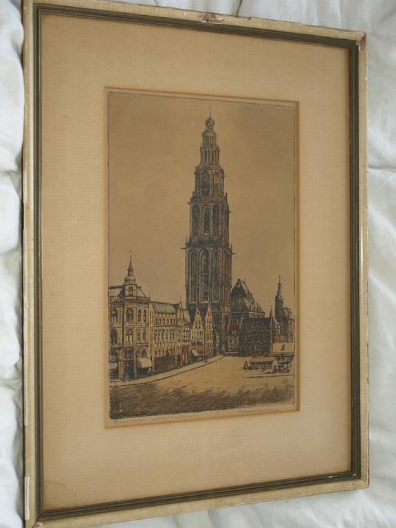 MARIUS JANSSEN - Ets – Martinitoren Groningen – Gesigneerd en ingelijst –ca 1930 kopen? Bied vanaf 25!