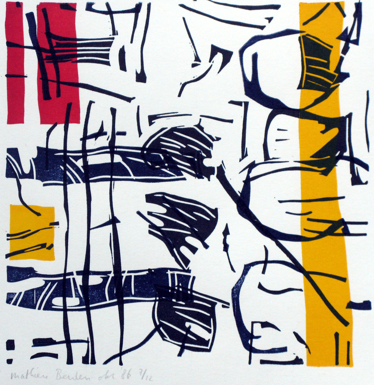 MATHIEU BERDEN - abstract werk LINOSNEDE gesigneerd & INGELIJST.  kopen? Bied vanaf 50!