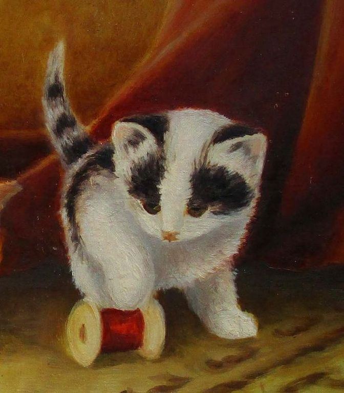 Kunstenaar onbekend: Acrylverfj, 2 kittens spelemd met een klosje garen kopen? Bied vanaf 20!