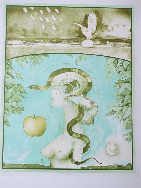 Vladimir Suchanek, Vrouw met slang en appel, Kleurenlitho verkocht voor € 55!