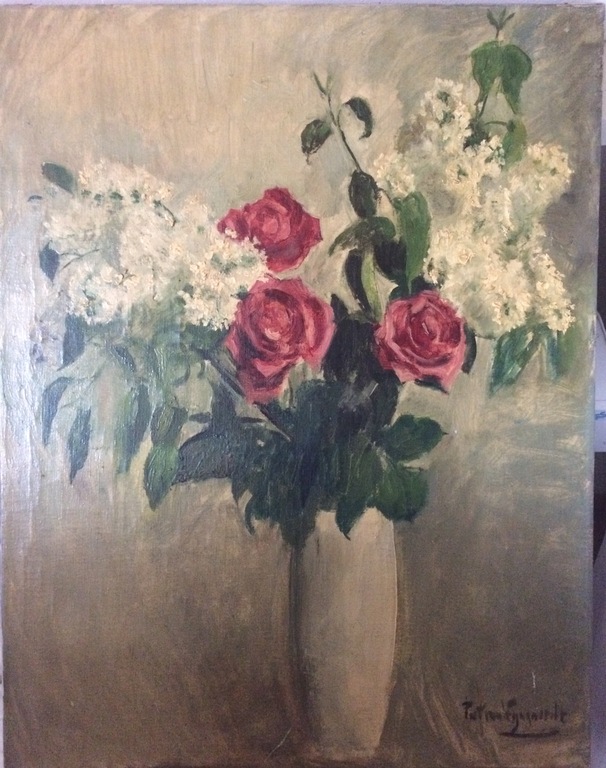 Stilleven met bloemen in olieverf, van Piet van Wijngaerdt. Datum onbekend. verkocht voor € 160!