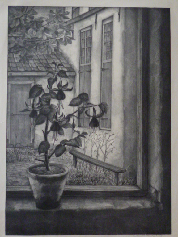 Aart van Dobbenburgh - litho - Fuchsia op vensterbank verkocht voor € 50!