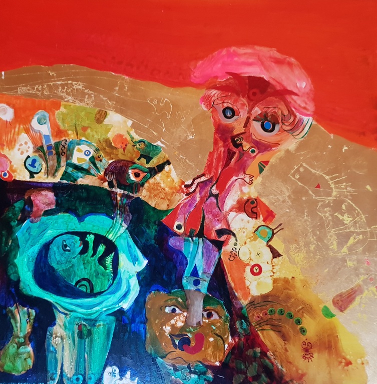 Michel van Overbeeke - gemengde techniek op paneel, gesigneerd en gedateerd '70 verkocht voor € 349!