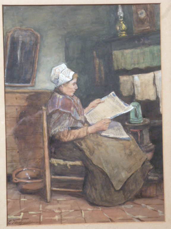 Eduard Schalbroeck - aquarel - Boerin leest krant verkocht voor € 150!