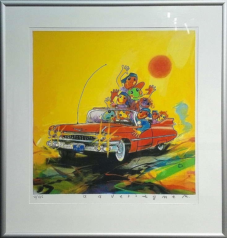 Ad Verstijnen, zeefdruk op papier in prachtige aluminium lijst, Titel: Cadillac verkocht voor € 150!