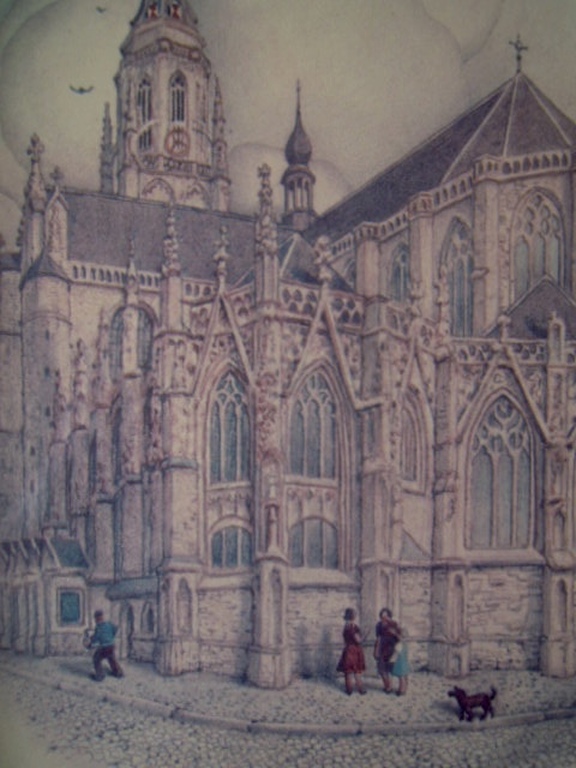 JAN STRUBE druk van grote kerk in Breda-hand gesigneerd   kopen? Bied vanaf 35!