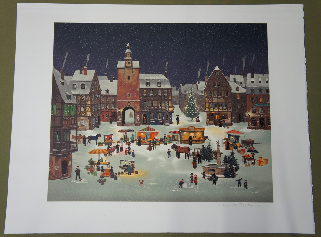 Lithografie - Michel Delacroix (1933), Kerstmarkt kopen? Bied vanaf 25!