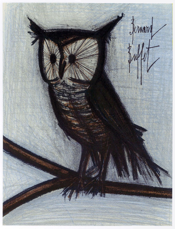 BERNARD BUFFET - Kleuren Litho - UIL/OWL '' - Zeldzaam : 34 / 200 - Kwaliteitsdruk door Mourlot Paris 1967 verkocht voor € 125!