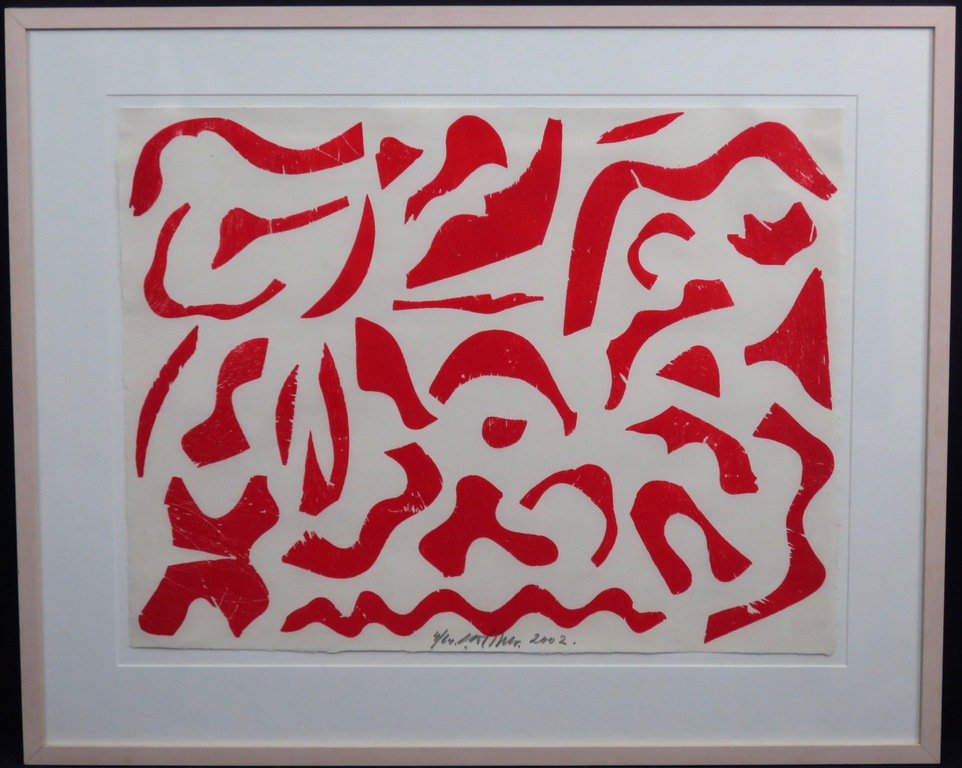 Carel Visser: Houtsnede, Zonder titel (rood) -Ingelijst verkocht voor € 85!