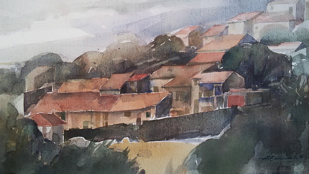 Hen Euverman - Mediterraans landschap, aquarel kopen? Bied vanaf 50!