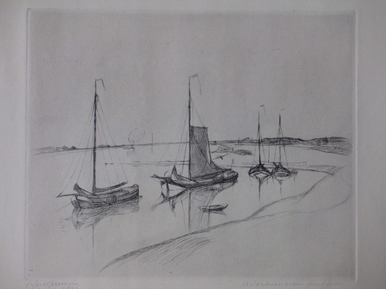 A.Derkzen van Angeren, Zeilschepen aan de rivieroever, Ets kopen? Bied vanaf 45!