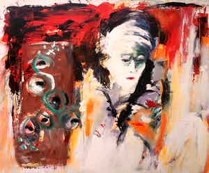 Helen Nieuwendijk - Helen Nieuwendijk - Compositie met vrouw, olieverf op doek (ingelijst, groot) verkocht voor € 250!