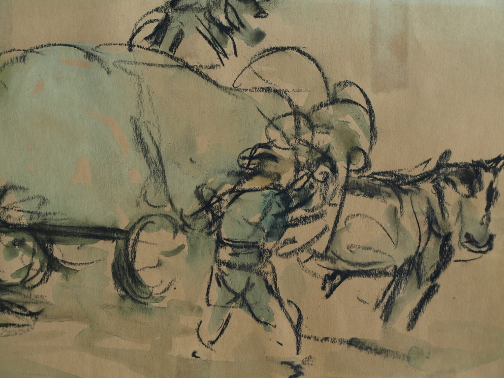 Onduidelijke signatuur : Aquarel / pasteltekening - Boerenkar – ca 1900 kopen? Bied vanaf 25!
